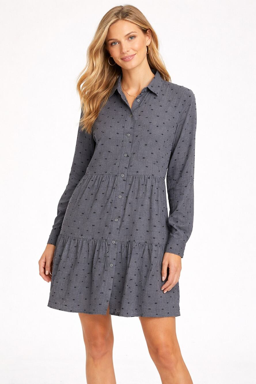 Loft Long Sleeve Clip Dot Tiered Button Shirt Dress Womens Small New Grey Black